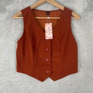 Shein Vest Waistcoat Womens Medium Orange Button Up Back Tie Retro Academia